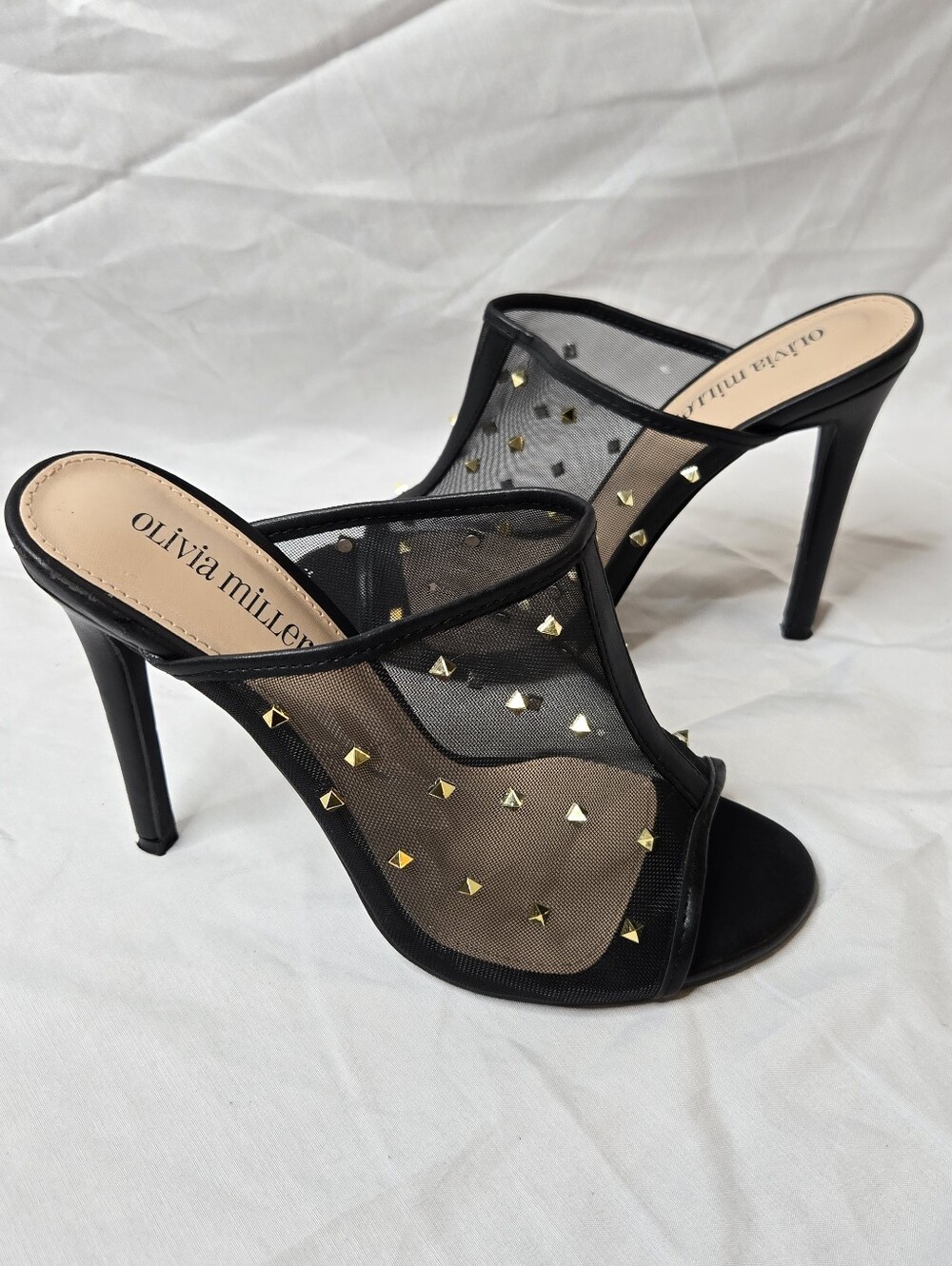 Olivia Miller Black Mesh Studded High Heel Mules Size 8 Gold Studs